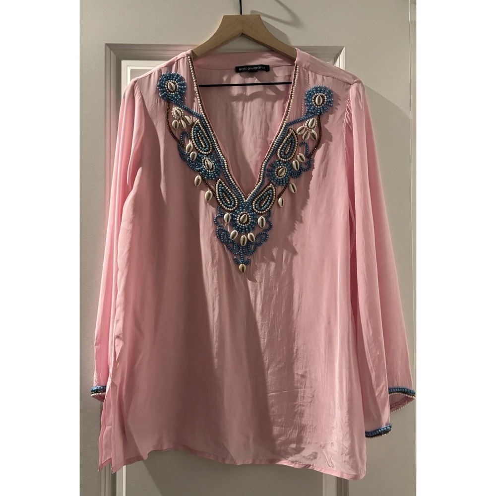 Boston Proper Pink Beaded Cowrie Shell Tunic Top Boho Resort Viscose M